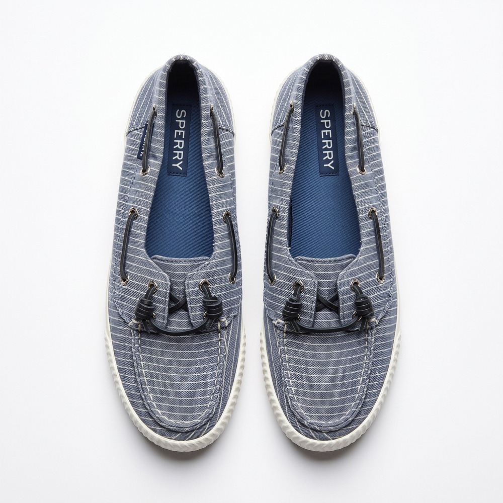 Sperry Womens 9.5 Navy Pinstripe Boat Shoes Coastal Preppy Canvas Loafers